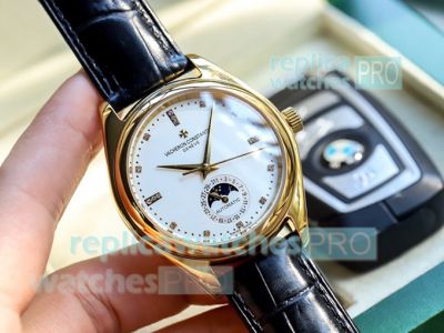 Swiss Vacheron Constantin Moonphase White Dial Leather Replica Watch